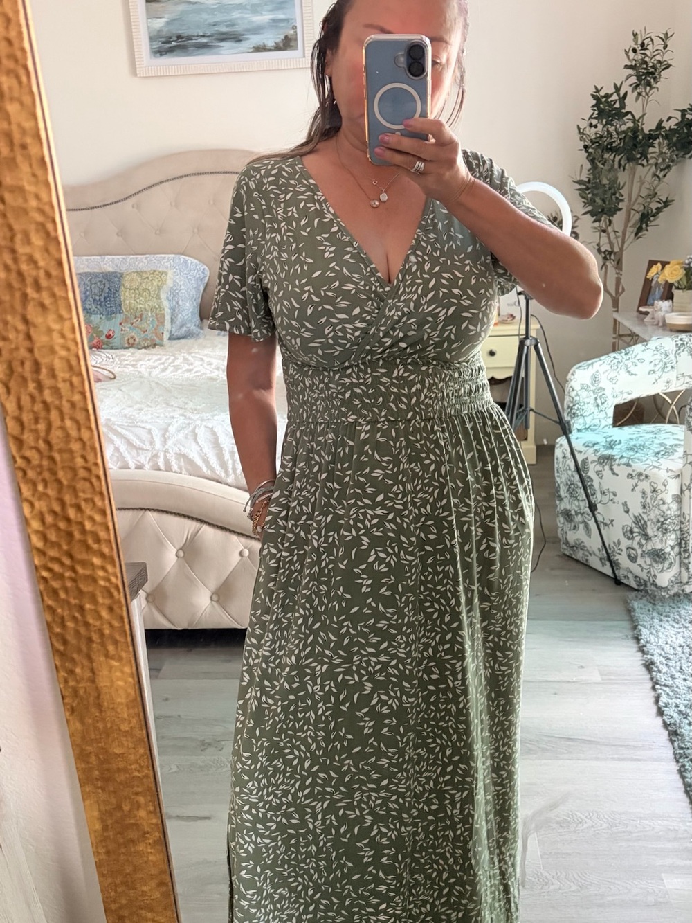 Amazon Olive Green V-Neck Smocked Waist Maxi Dress with White Leaf Print